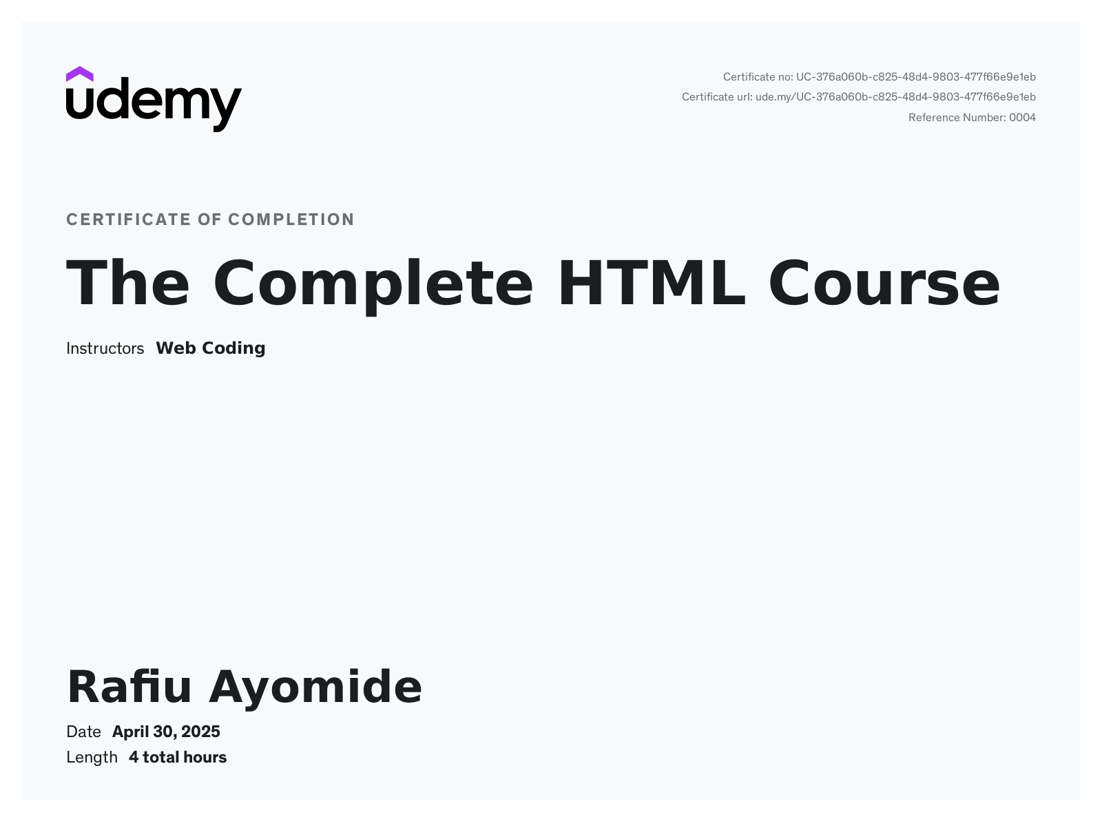 HTML Certificate